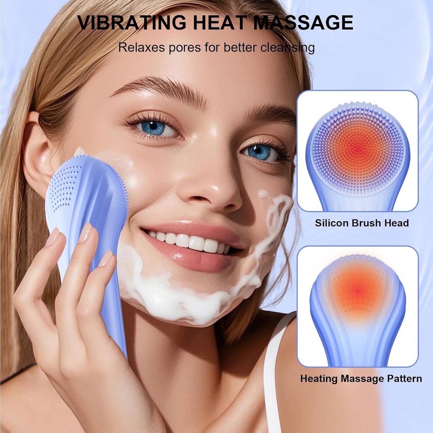 Silicone Face Scrubber, Waterproof Electric Facial Cleansing Brush for Men & Women, Rechargeable Face Scrubber with 5 Modes for Deep Cleansing, Exfoliating, Massage (Blue)